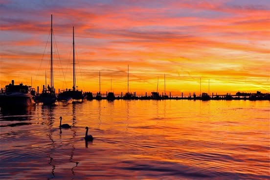 Orange sunset reflected across a marina